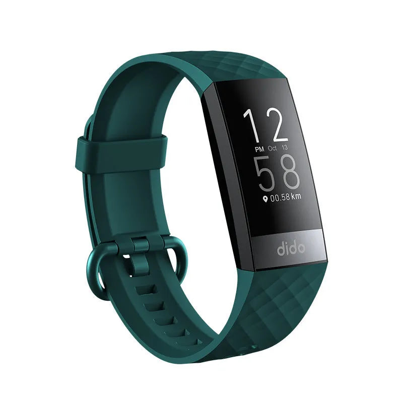 Black smart bracelet with screen showing blood pressure and heart rate data on a wrist.