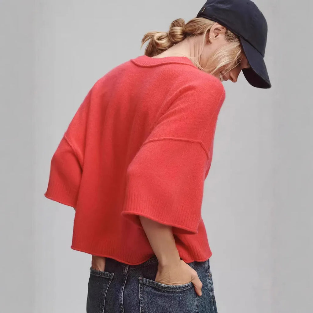 Red hot girl style viscose T-shirt with cropped length and exposed navel design on mannequin