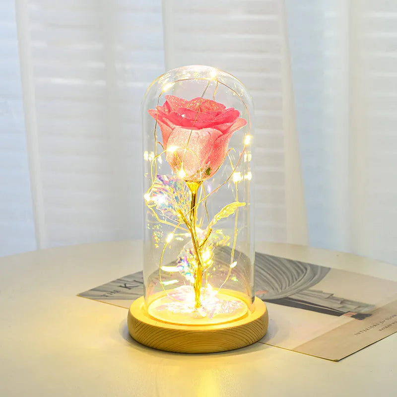 Eternal rose in glass cover with warm white LED strip light, six colour options, Valentines gift