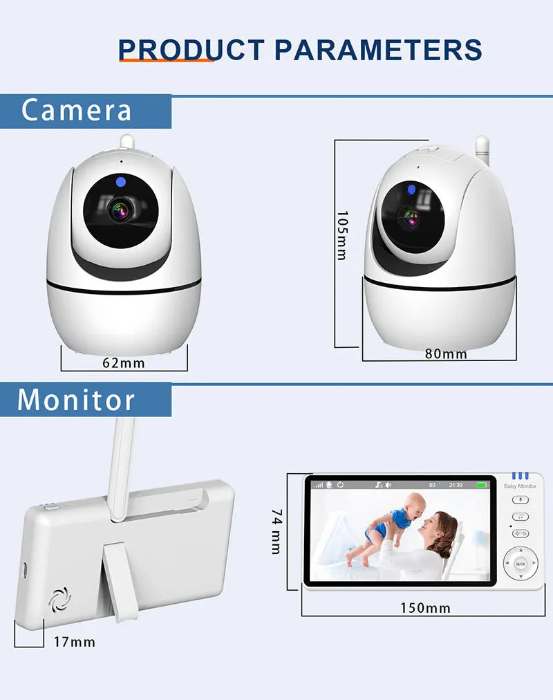 HD wireless baby monitor white with 5.0-inch 720p LCD screen, cry detection, and 3500mAh battery