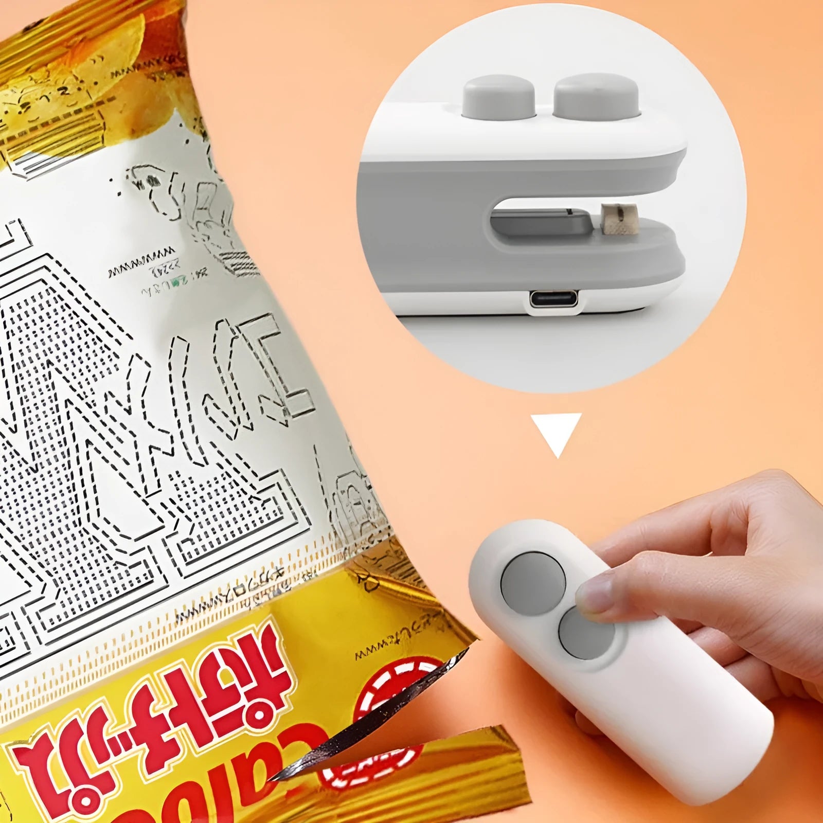 White handheld USB rechargeable heat sealer with cutter blade on a kitchen counter