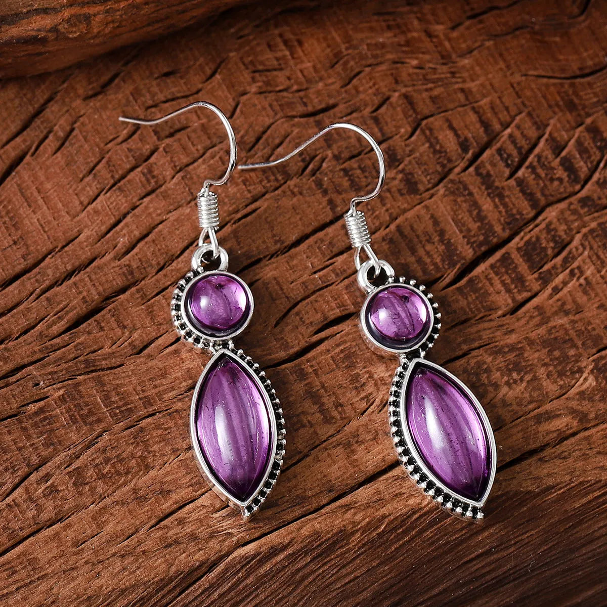 Vintage geometric earrings with black and purple electroplated finish on zinc alloy