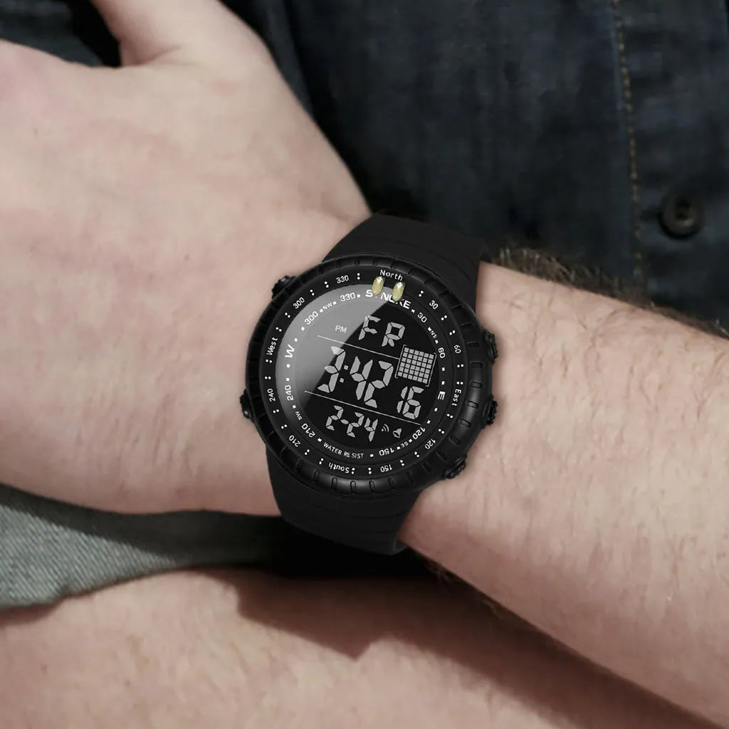 Black men's waterproof outdoor electronic watch with 54.74mm plastic case and WR50M rating