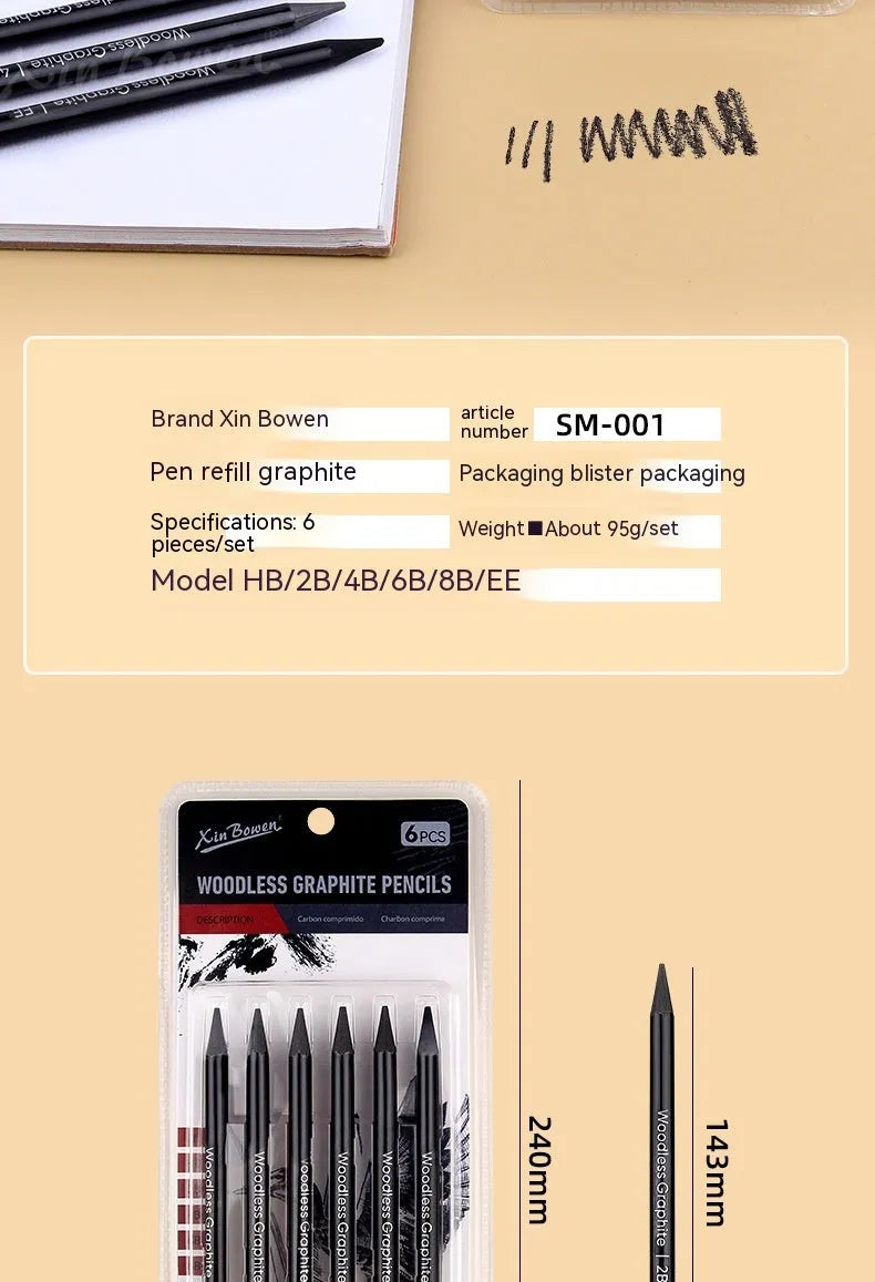 Wood-free graphite art sketching pencils six-piece set with graded hardness options