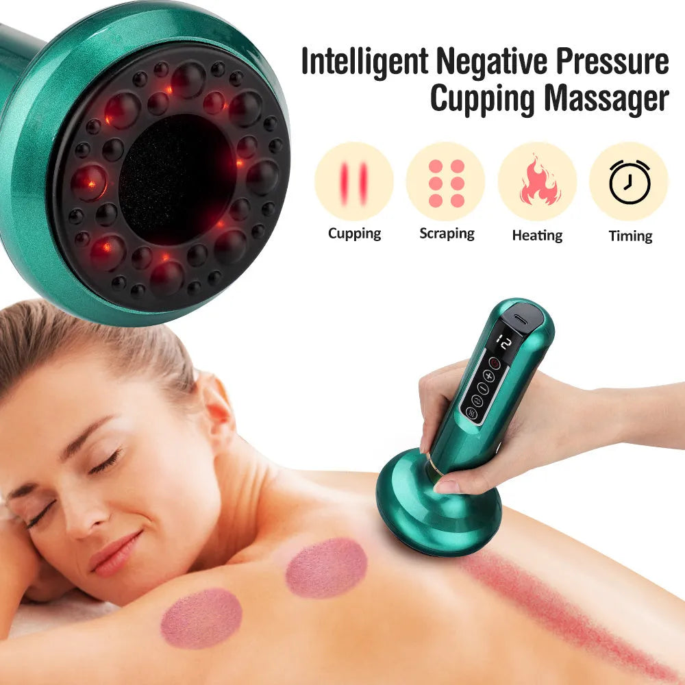 Green electric vacuum cupping massager with suction cup head on a white background