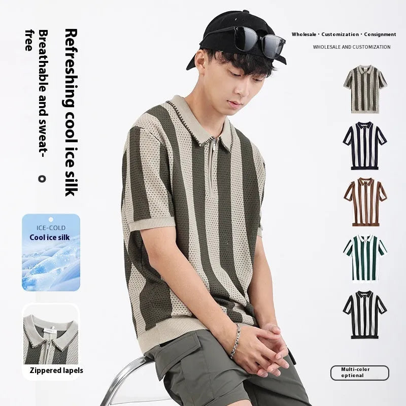Men's striped short sleeve sweater with chest zipper details in ice silk viscose fabric