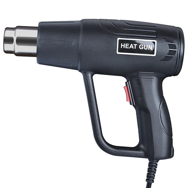 Black and silver industrial hot air gun with a grid-pattern nozzle and two-gear switch on the handle.