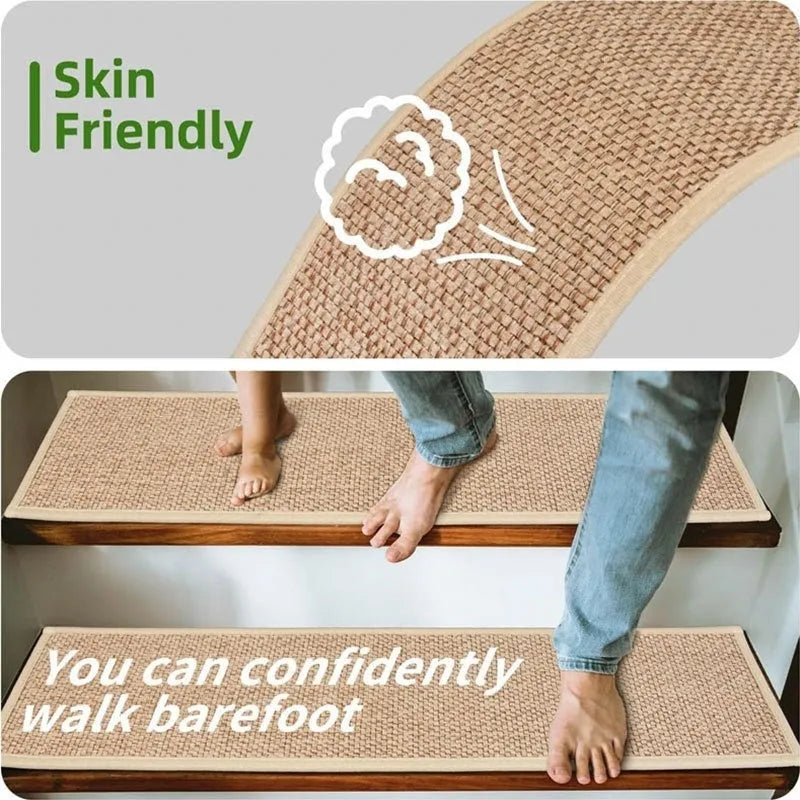 Japanese-style solid colour stair mat with rubber or adhesive bottom in camel or black gold on a step.