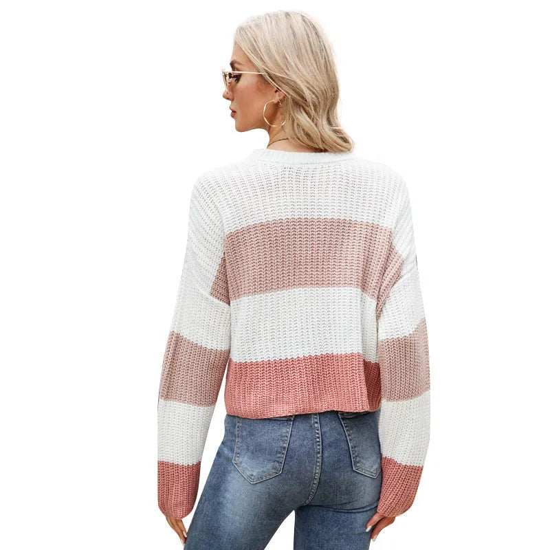Women's short casual striped loose pullover in pink stripes, acrylic knit, short 40cm length, pullover style