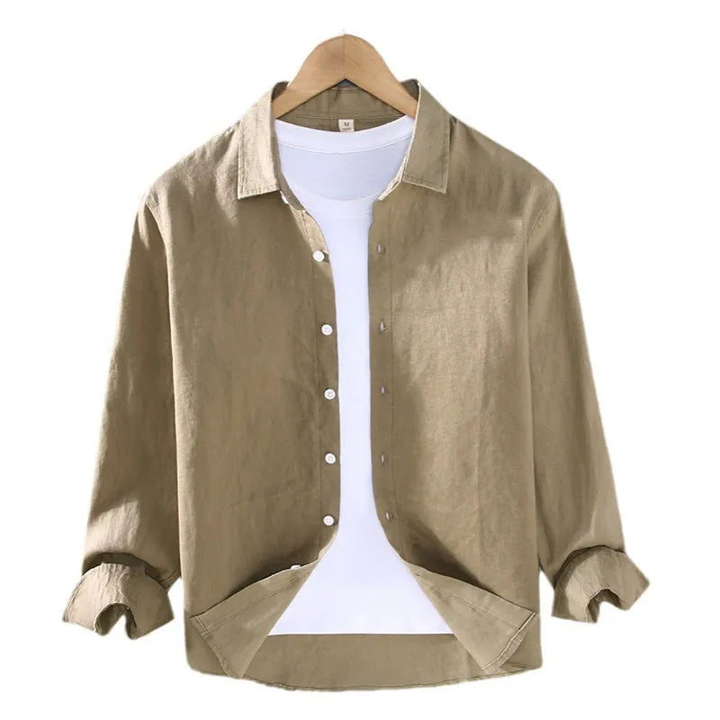 Pure linen men's cardigan shirt in solid colour, long sleeves, lightweight fabric, available in nine colours