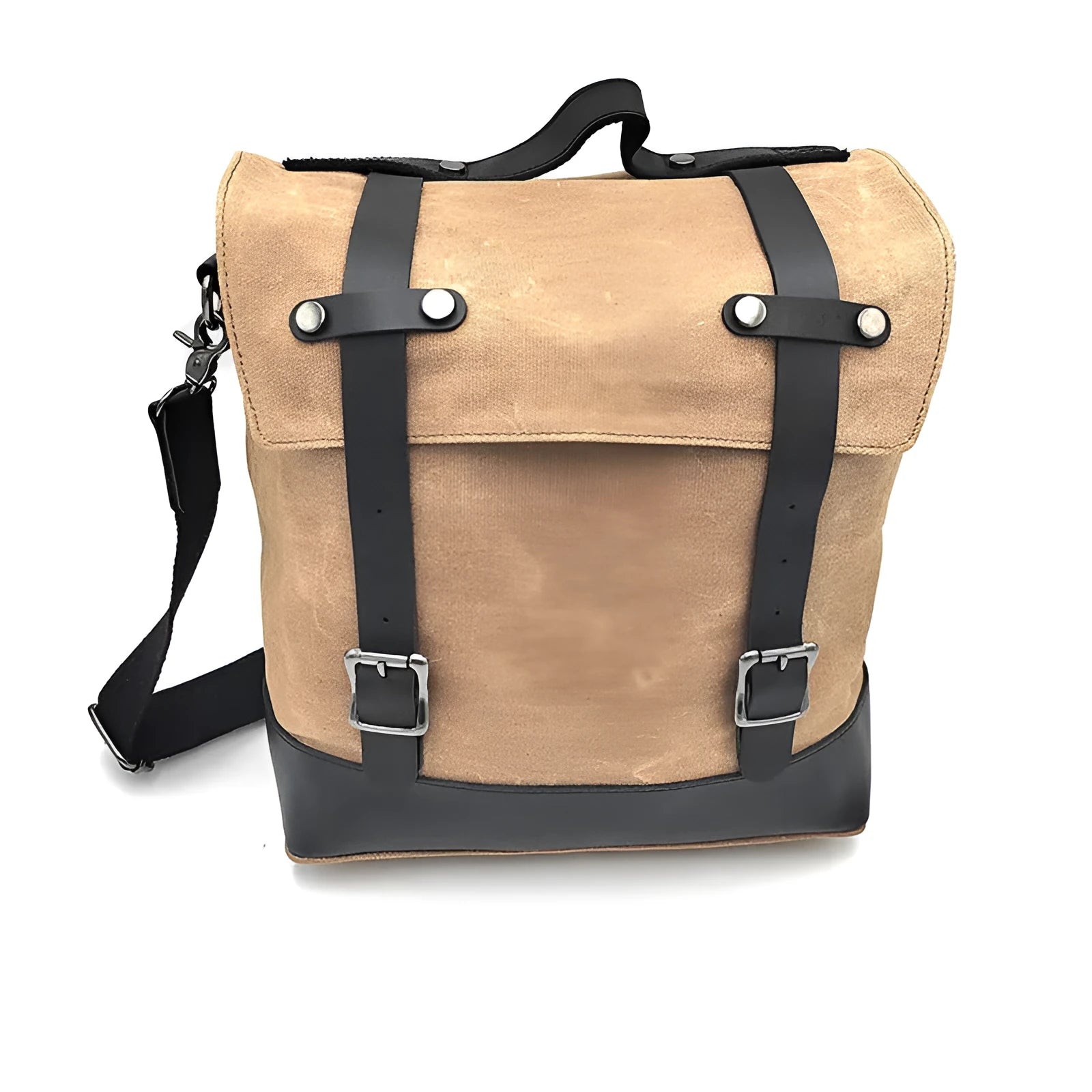 Thick waterproof canvas motorcycle side bag in black with cowhide top and adjustable straps
