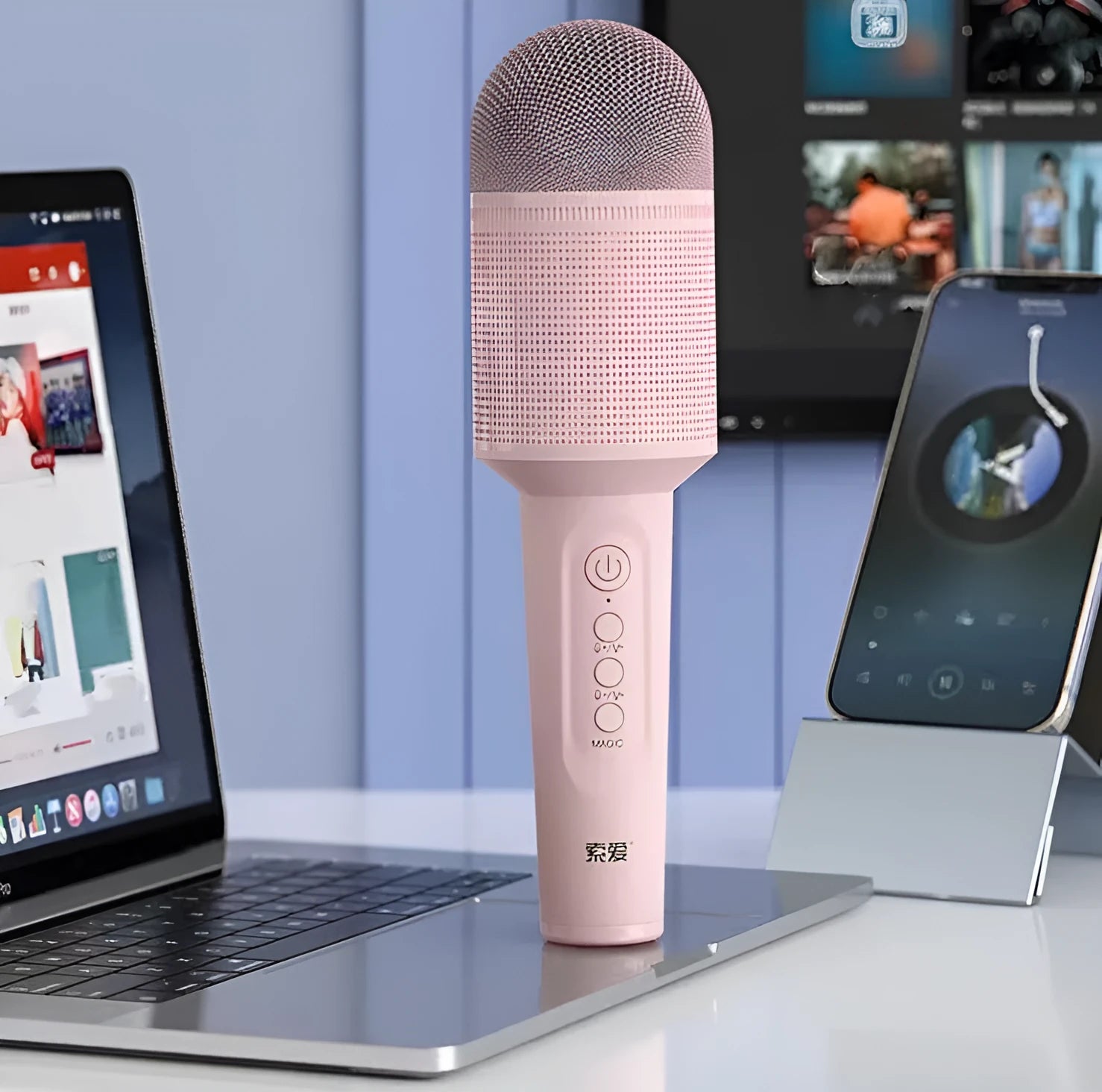 Wireless Bluetooth karaoke microphone in girly pink, sapphire blue, and mint green colour options.