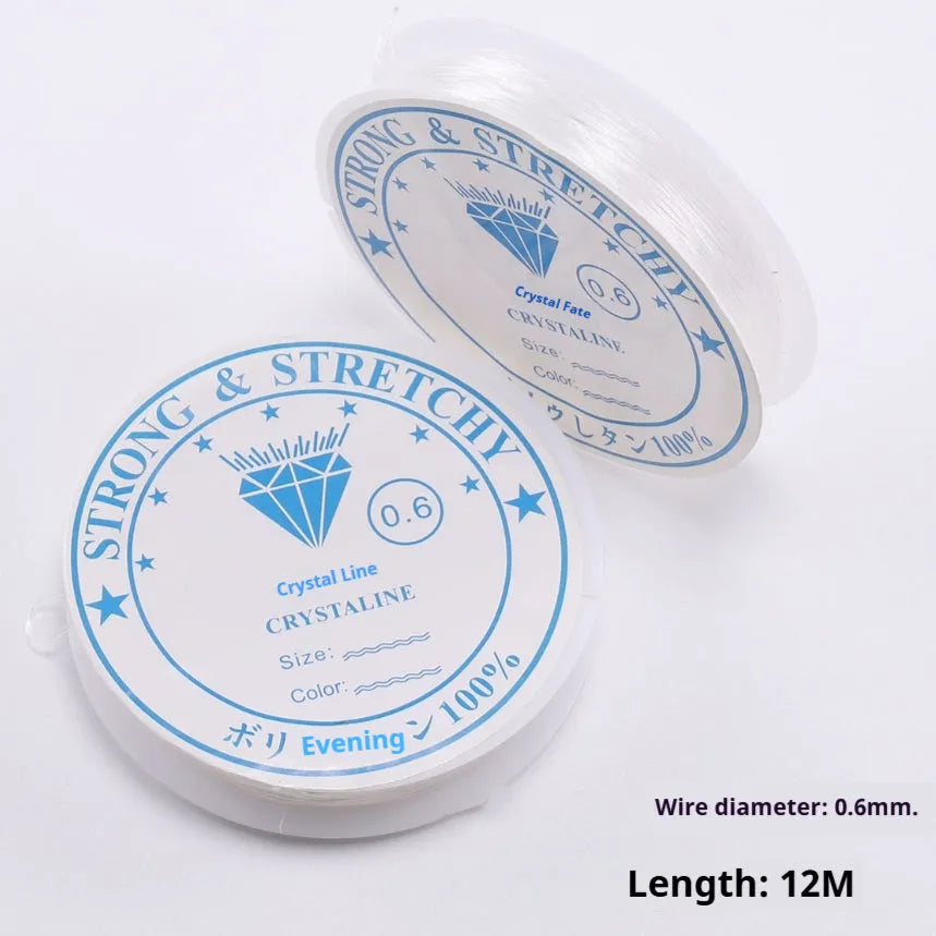 Transparent white crystal elastic thread roll for jewellery making with six diameter options from 0.4mm to 1.0mm