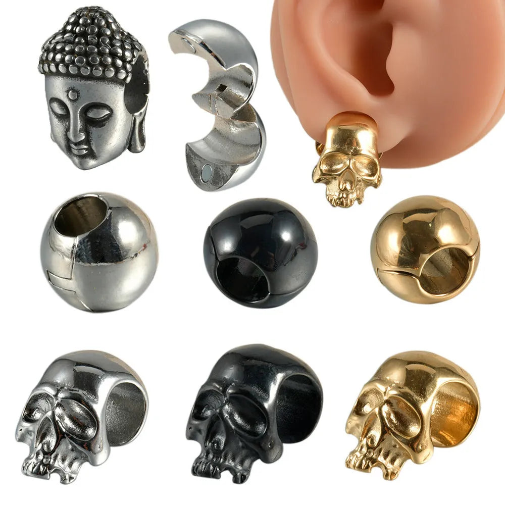 Stainless steel hollow skull Buddha earrings showing four electroplated colour options