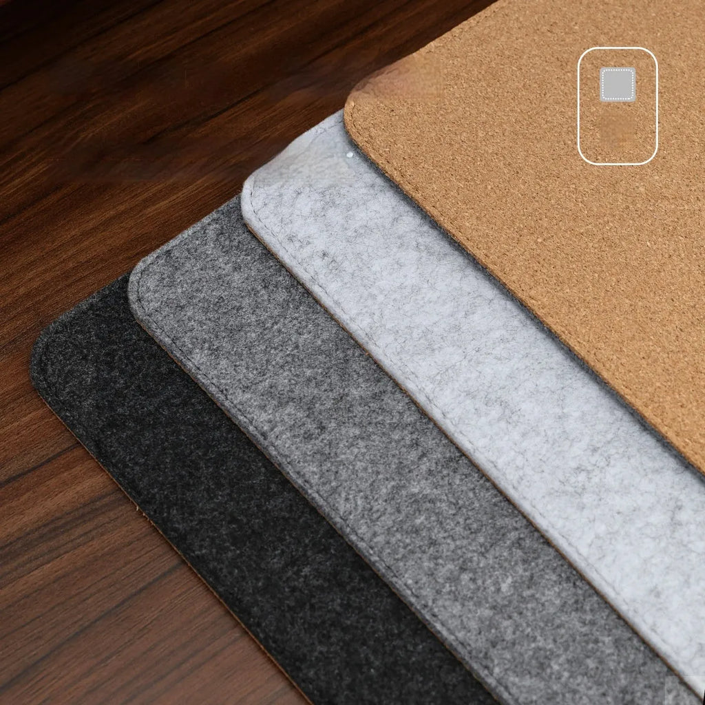 Felt cork desk mat in grey on a wooden desk, showing non-slip base and simple Japanese style design.