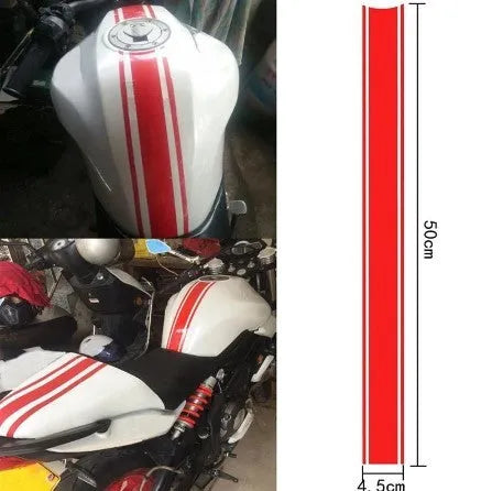 Motorcycle gas tank lid reflective pinstripe stickers in four colours measuring 50x4.5cm