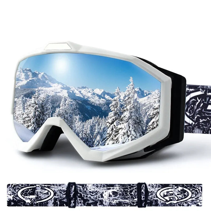 Motorcycle goggles with double layer anti-fog lenses in a black frame with grey film, shown with a storage cloth bag.