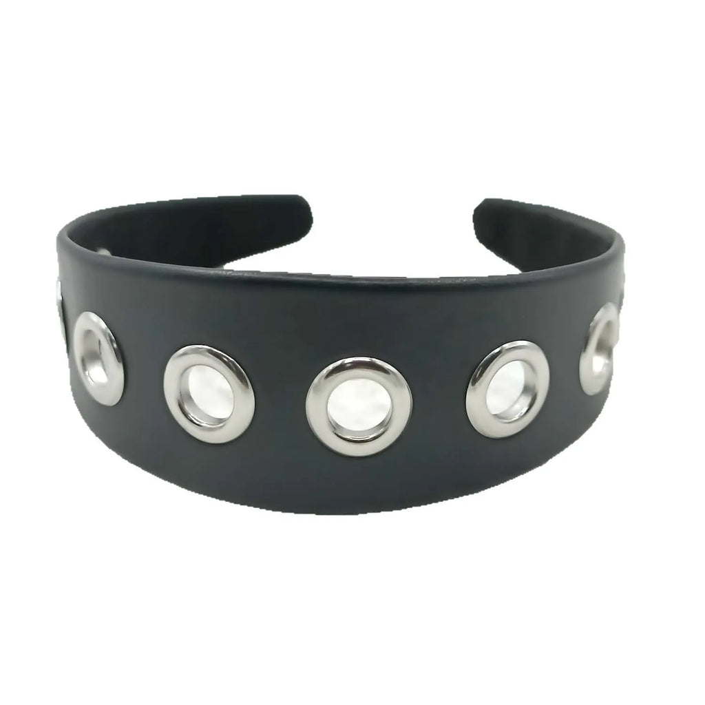 Black handmade artificial leather wide headband with punk style round and square rivets