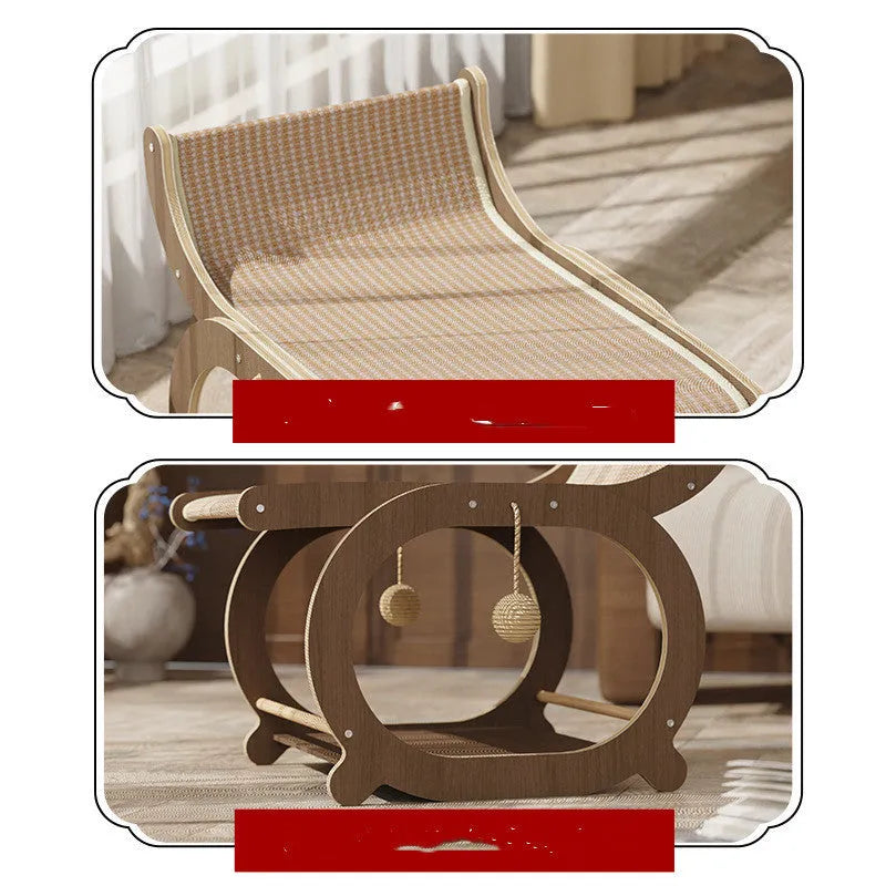 Solid wood cat scratching mat with sisal rope surface in natural wood colour