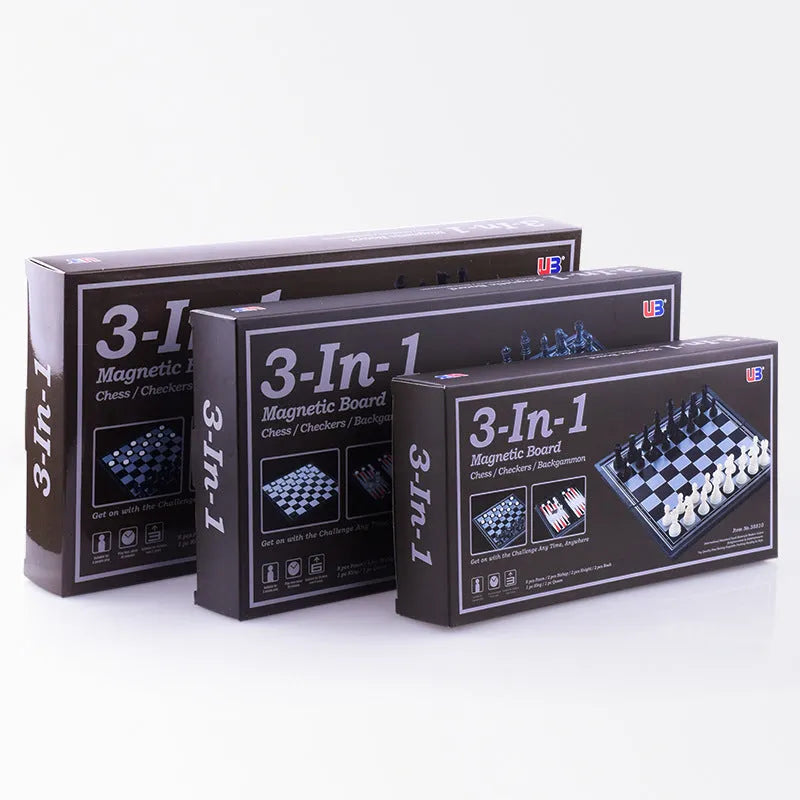 Three-in-one magnetic chess checkers backgammon board game with plastic board and ABS pieces on a table