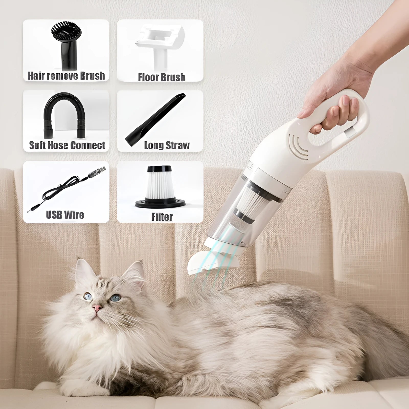 Cordless electric pet hair absorber with 28000Pa suction, white colour, shown on a sofa