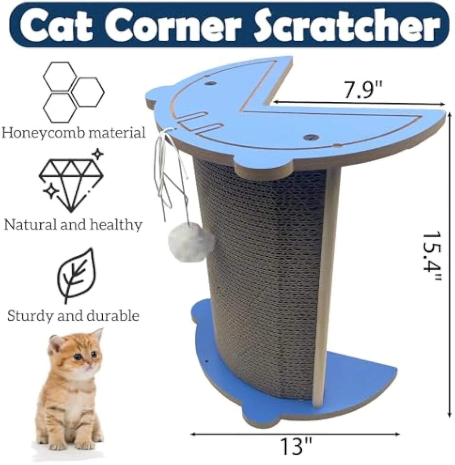 Cat corner scratching pad mounted on wall with replaceable scratching board and hanging ball