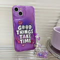 Purple graffiti English love chain phone case for iPhone 14 with love pendant on white background