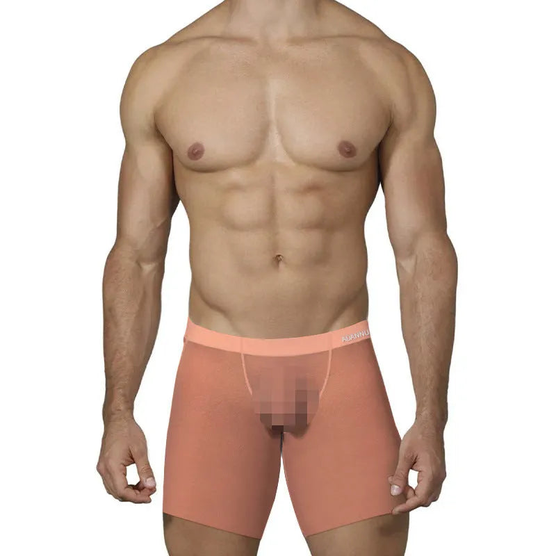 Men's solid colour boxer shorts in orange, pink, or red, made from knitted nylon ice silk fabric.