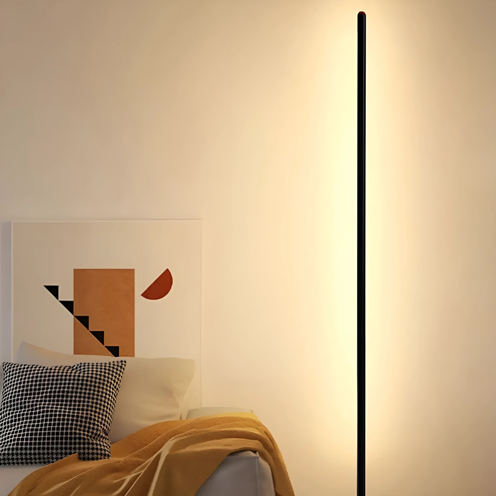 Vertical aluminium alloy floor lamp with a simple modern design and USB plug.