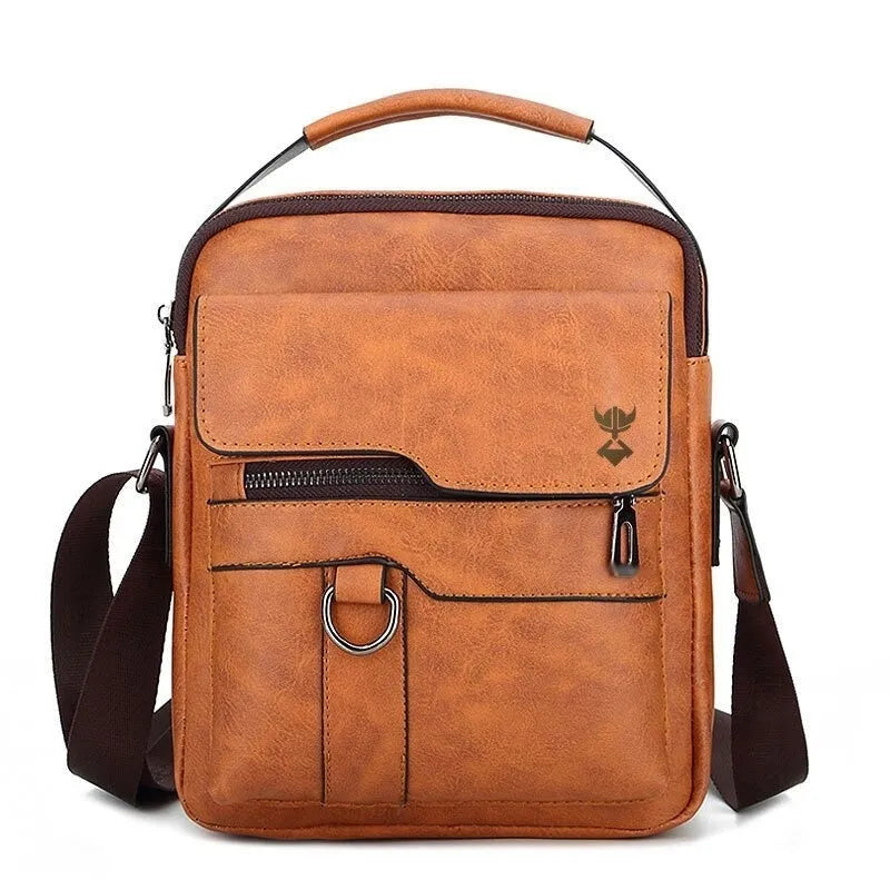 Men's khaki PU leather shoulder bag showing square vertical design and shoulder strap