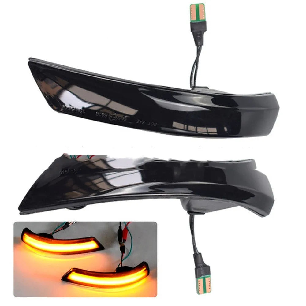 Ford Focus and Mondeo rearview mirror waterfall light kit showing blue and yellow LED options