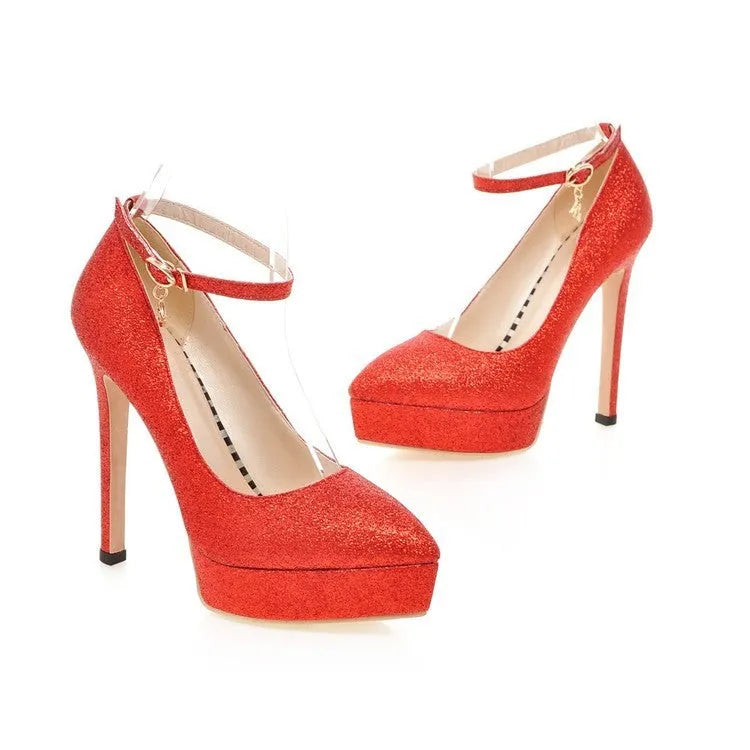 Women's stiletto platform Mary Jane shoes in black with 13cm heel and buckle ankle strap