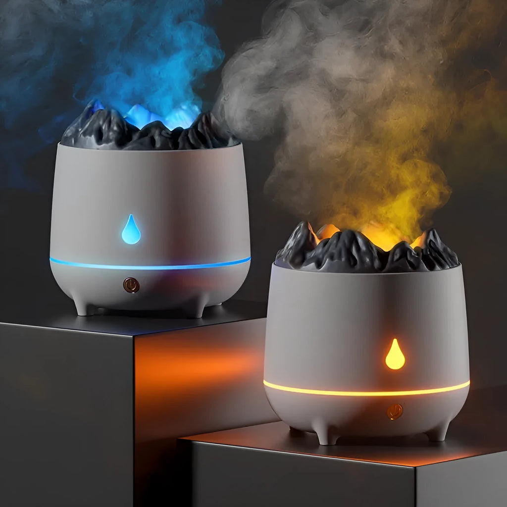 White volcano-shaped ultrasonic humidifier with USB cable on wooden surface