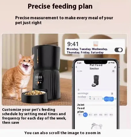 Automatic pet feeder with remote control for timed quantitative feeding in black or white colour