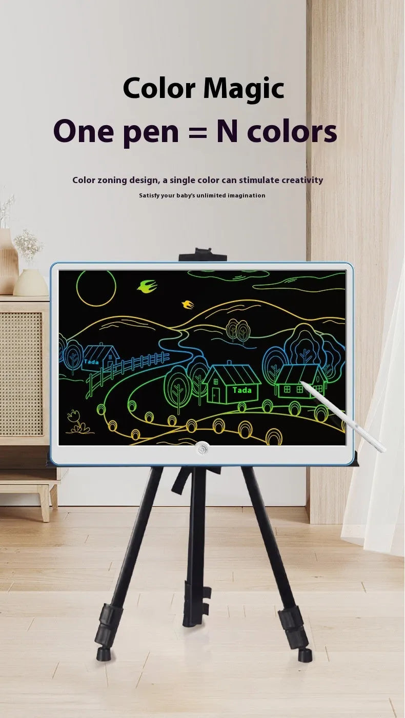 19-inch blue and white rechargeable LCD children's drawing board with stylus on a table