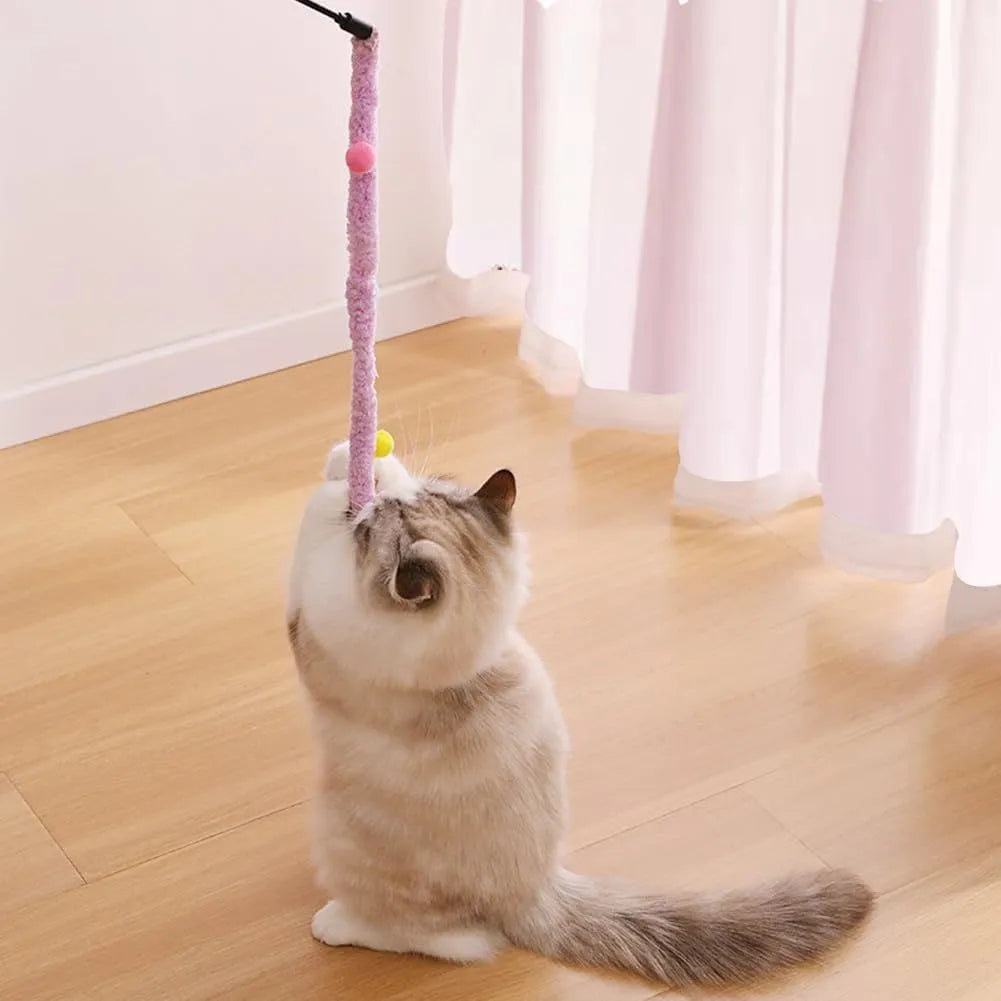Blue interactive cat teaser wand with long plush strip and fluffy bell ball.