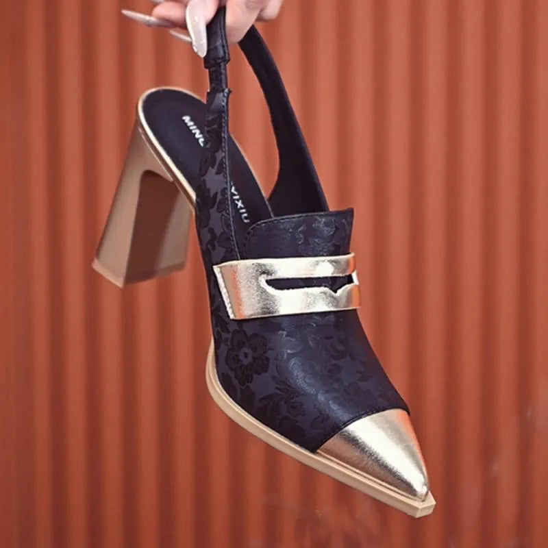 Printed chunky heel pointed-toe sandals in black with elastic band and rubber sole