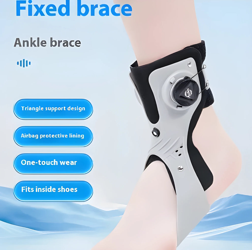 Black and grey adjustable ankle support brace with airbag button, shown in left and right specific fittings.