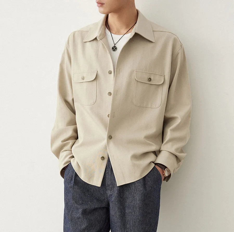 Men's long sleeve shirt with lapel collar in Light Sand Rice colour, simple profile.