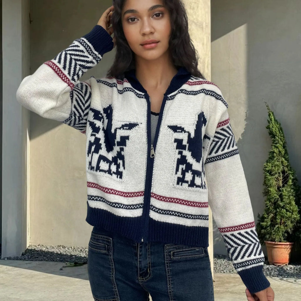 White women's zip-up cardigan with contrasting jacquard stripes and lapel collar