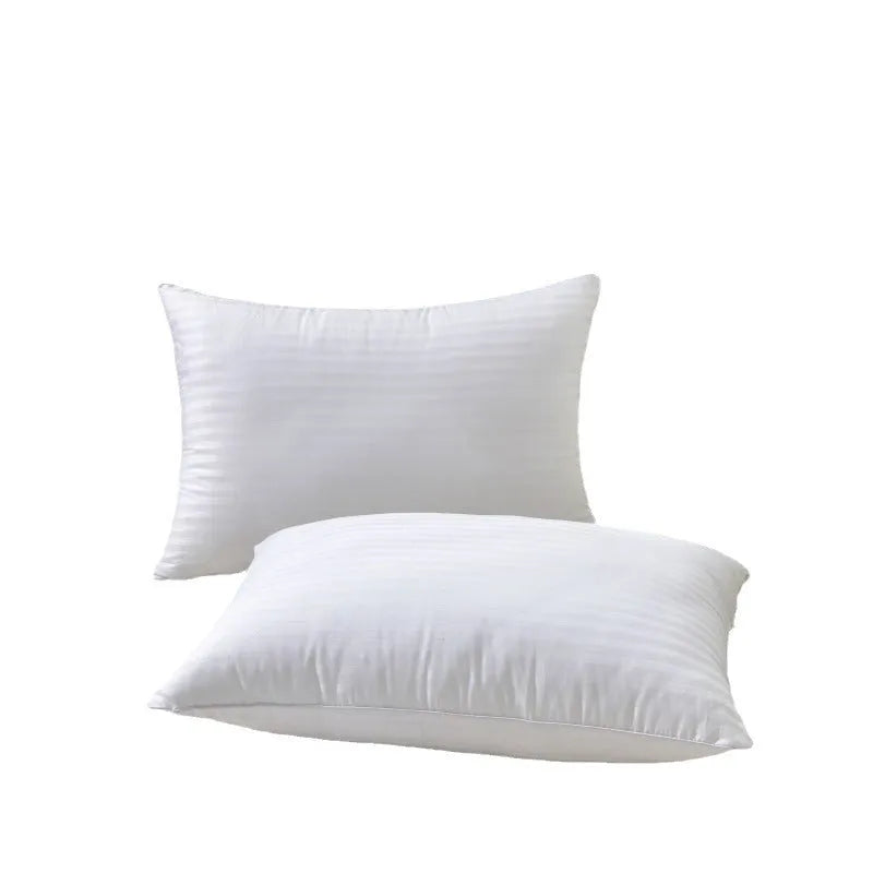 White feather pillow with cotton satin stripe pillowcase showing three size options