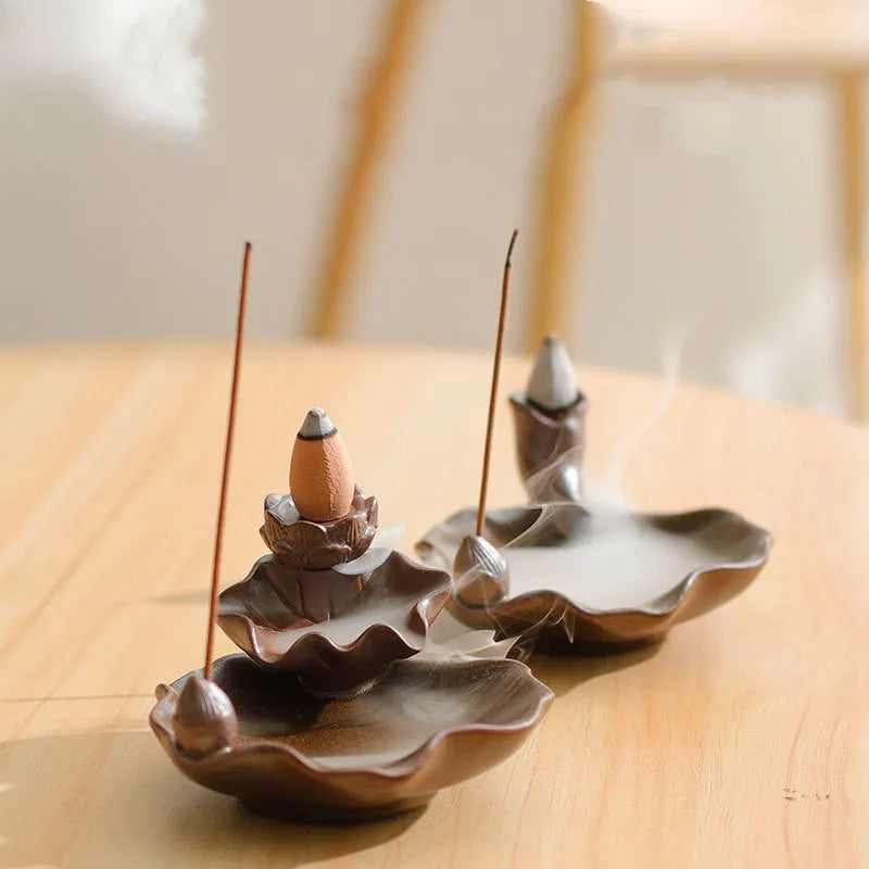 Ceramic reverse flow incense burner with purple clay and New Chinese style design