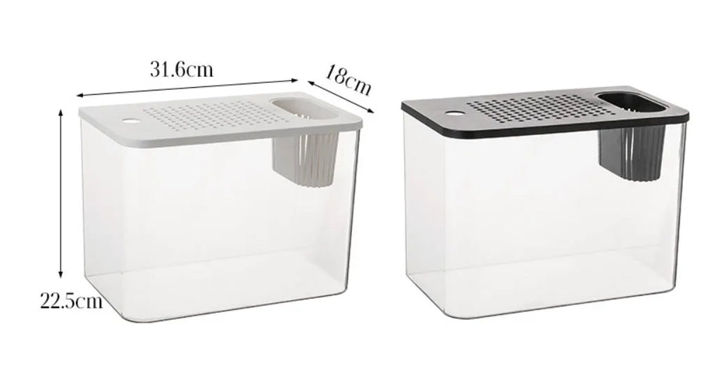 Plastic betta fish tank with transparent lid in black or white colours, dimensions 32cm long by 18.5cm wide by 23cm high