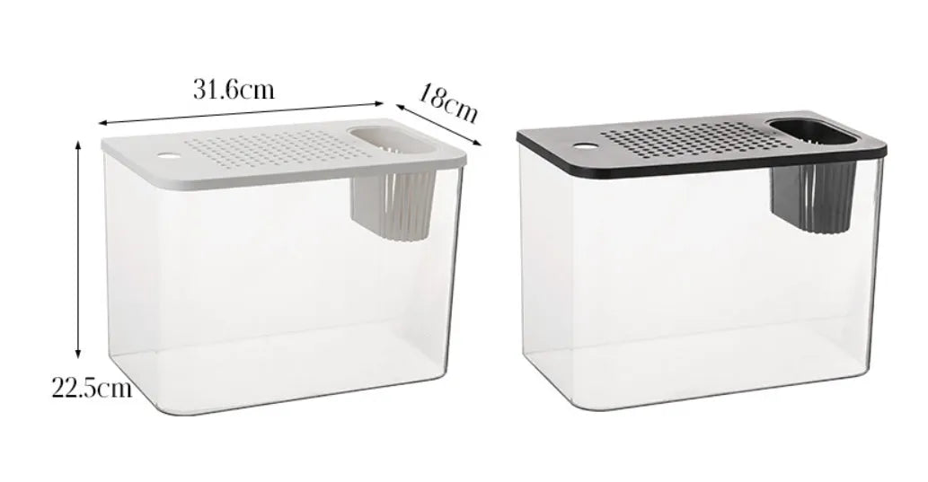 Plastic betta fish tank with transparent lid in black or white colours, dimensions 32cm long by 18.5cm wide by 23cm high
