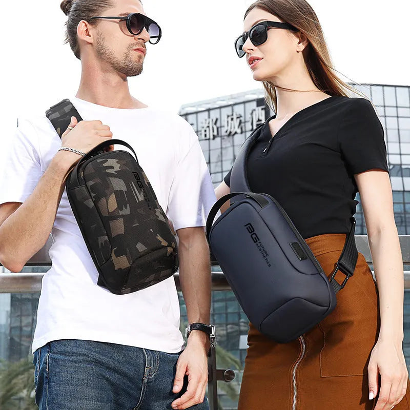 Men's blue shoulder bag with USB charging port and letter design on wear-resistant Oxford cloth