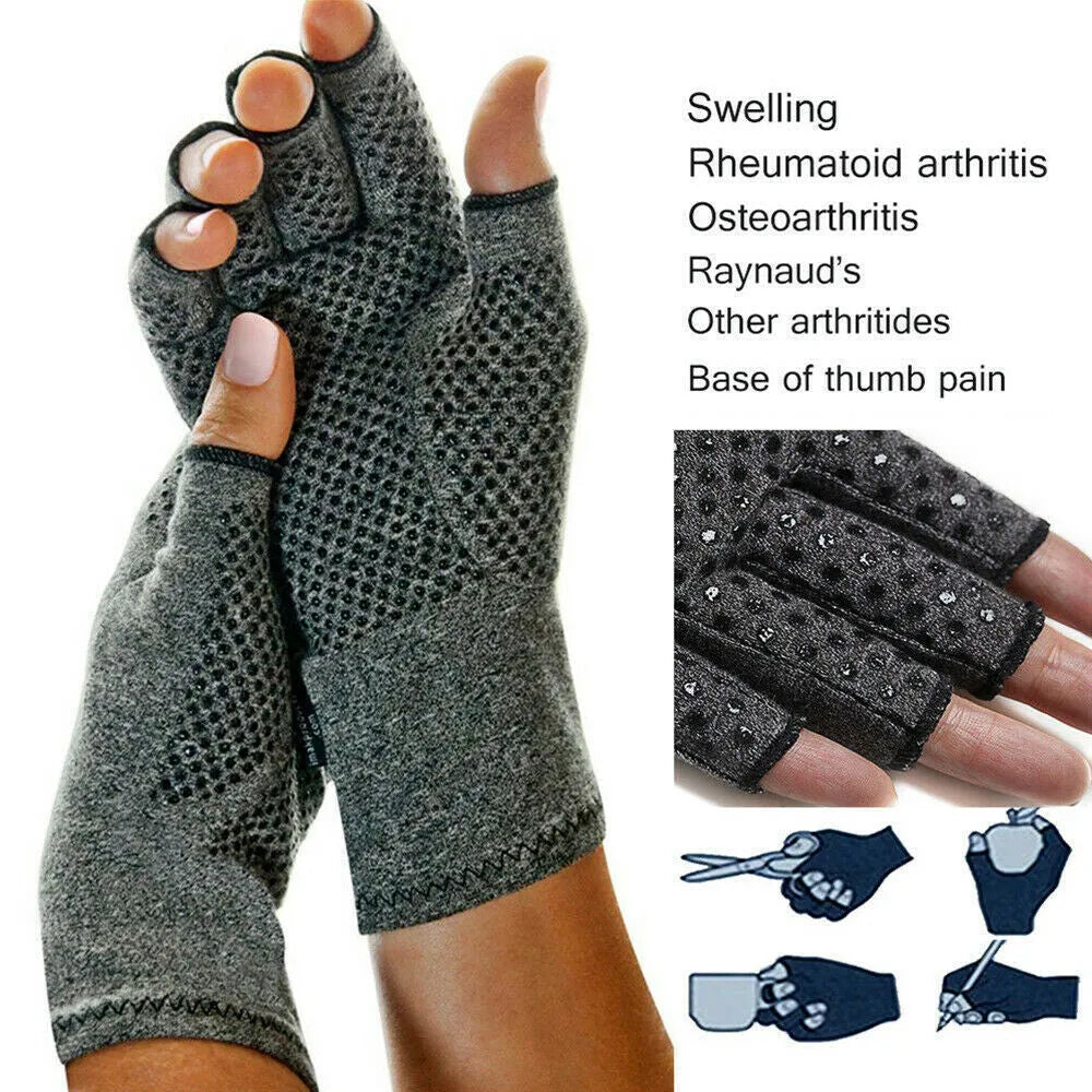 Gray half finger compression gloves with anti-slip surface for joint support