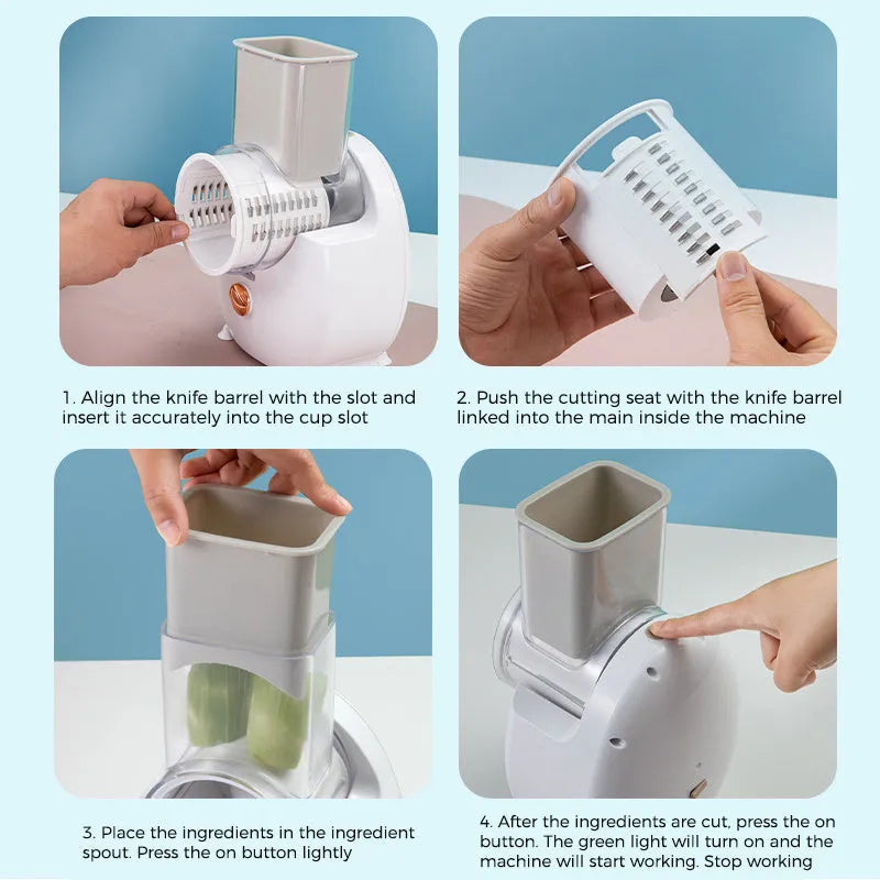 White electric vegetable slicer with suction base and multiple blades for cutting potatoes and carrots