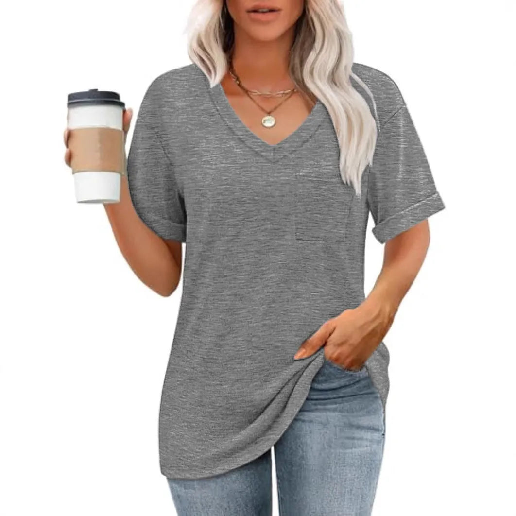 Grey loose fit V-neck T-shirt with chest pocket casual short sleeve top