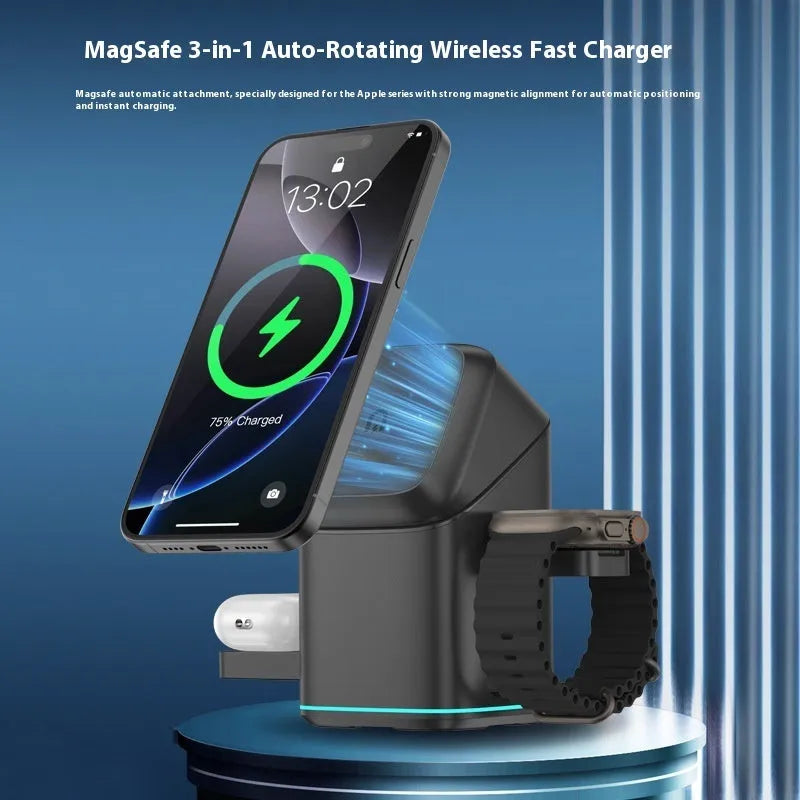 Black mobile phone charging stand with 180-degree rotation on wooden desk