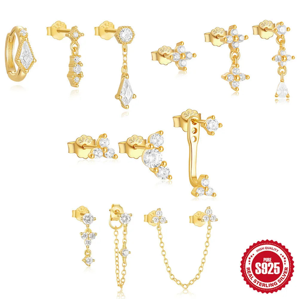 S925 sterling silver geometric zircon tassel earring set for women, three stud pieces in gold colour.
